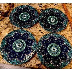 4 Melamine Plates Medallion Floral Dinner 11" Blue Green Aqua Boho Coastal Chic